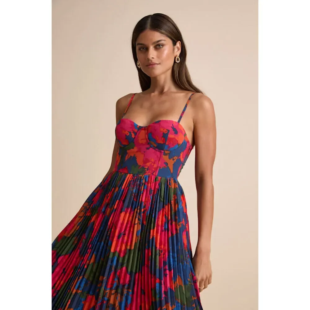 Lulus Dorothy Dark Blue Multi Floral Print Pleated Midi Dress - Size XXL - Picture 1 of 2